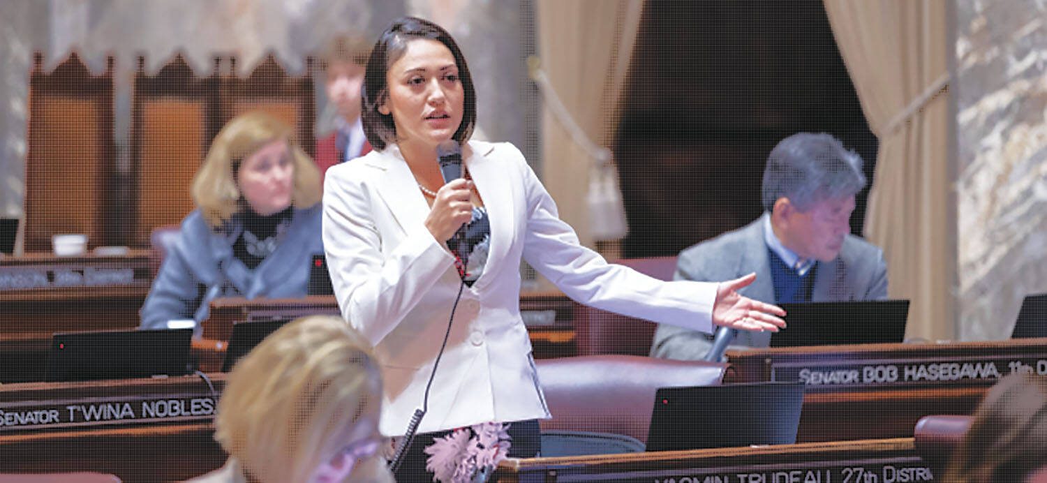 Photo courtesy of Senate Democrats / Sen. Yasmin Trudeau, D-Tacoma, prime sponsor of SB 6009, addresses the Senate. A bill banning the use of hogtying by the police was approved by the Senate.