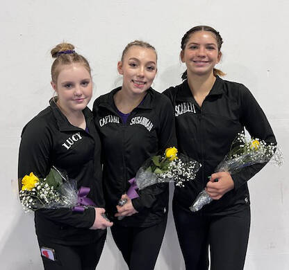 Photo courtesy ofRachel Sharp / From left, Lucy Spelker and Susannah Sharp of Sequim and Scarlett Sullivan of Port Angeles are headed to the state gymnastics finals this week.