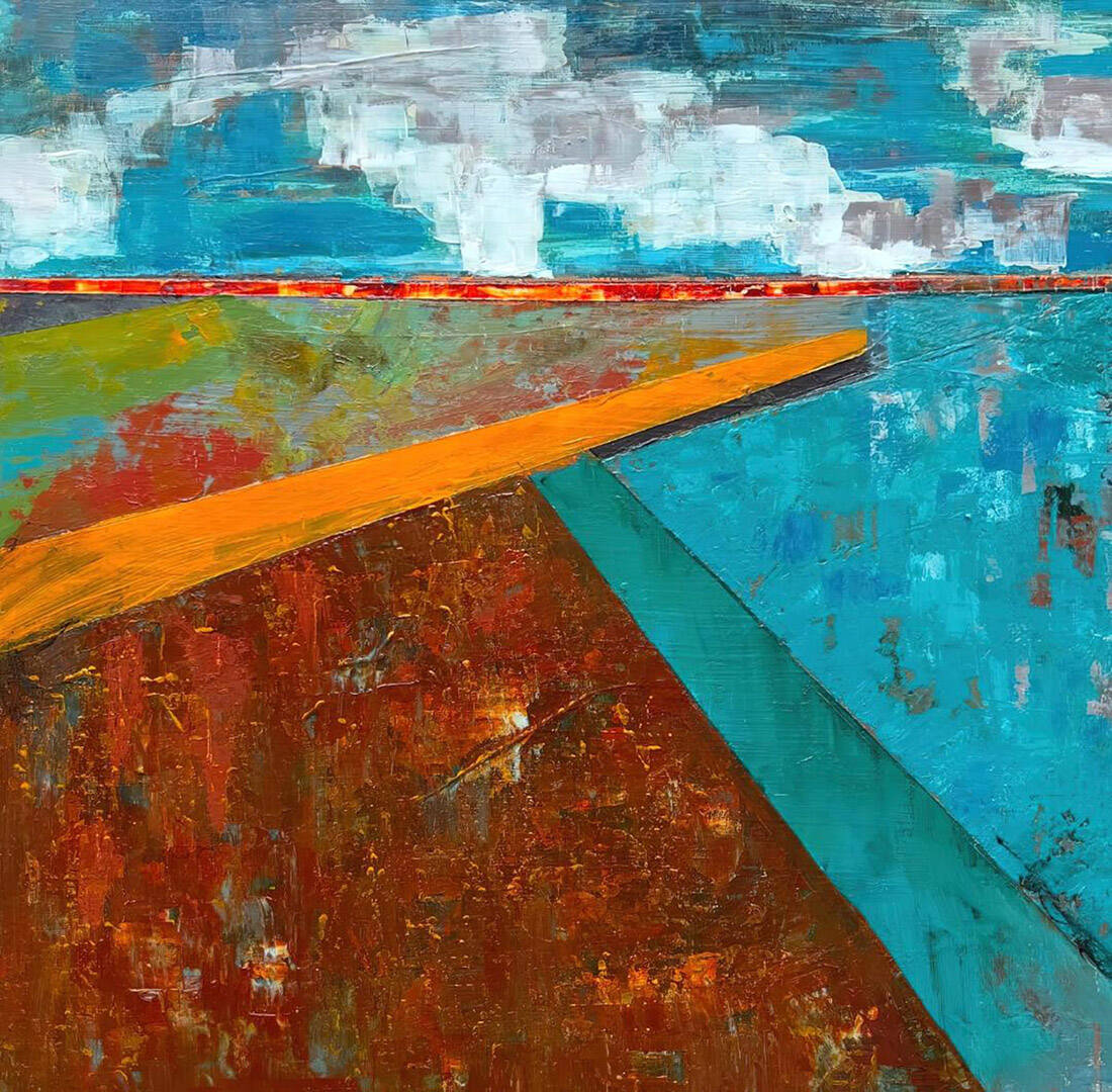 Artwork courtesy of Pat Warner / “Crossroads” by Pat Warner, a featured artist at the A. Milligan Art Studio & Gallery. An engineer by trade and an artist by heart, Warner paints her abstracts in an expressionist manner.