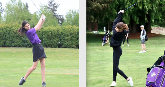 Left, Emily Post of Sequim hits a tee shot at the district golf tournament held at Cedars at Dungeness on Tuesday. Right, Sara German of Sequim hits a fairway shot at the district golf tournament. (Dave Logan/for Peninsula Daily News)