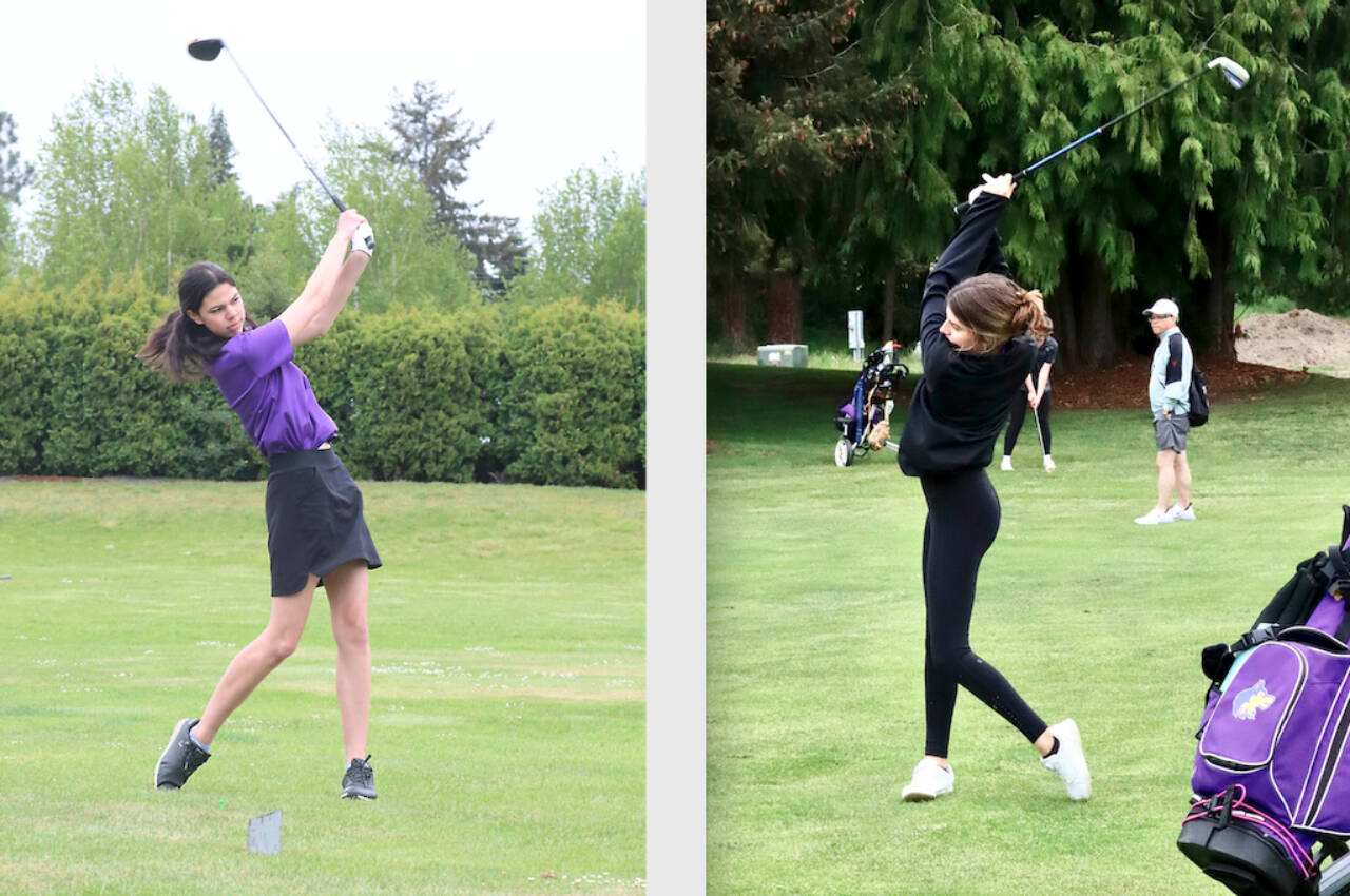 File photo by Dave Logan for Olympic Peninsula News Group / Left, Emily Post of Sequim hits a tee shot at the district golf tournament held at Cedars at Dungeness in 2023. Right, Sara German of Sequim hits a fairway shot at the district golf tournament.