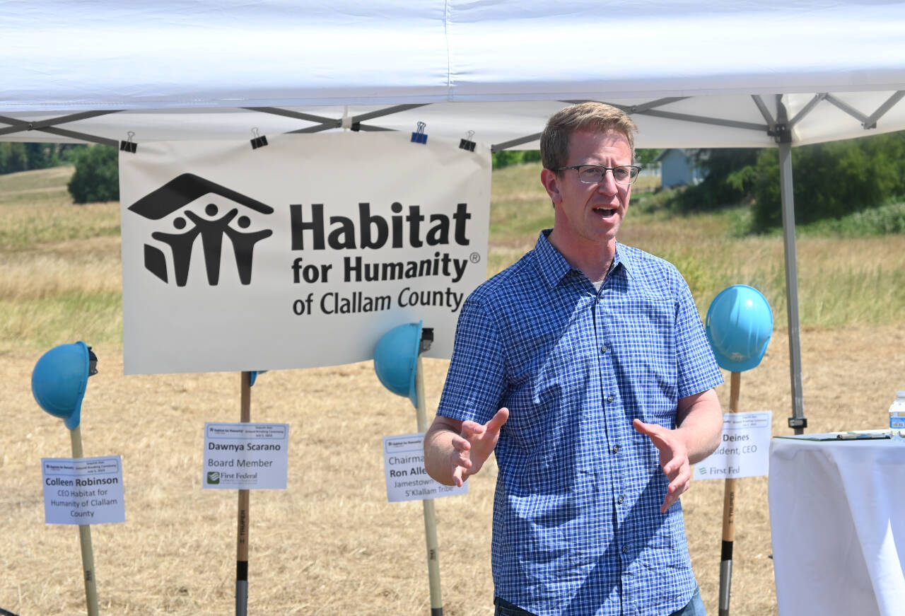 Sequim Gazette file photo by Michael Dashiell / Congressman Derek Kilmer (D-Gig Harbor) speaks at a groundbreaking for Habitat for Humanity of Clallam County’s Brownfield Road Project Sequim in July 2023. The project and two other county projects that Kilmer backed received $2.6 million in new federal funding last week.