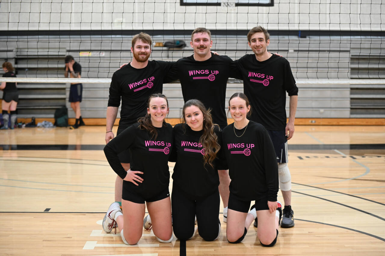 Photo courtesy of Peninsula College / Wings Up, a team of mostly Sequim-area players, celebrate a Peninsula Volleyball League A Division title. Pictured are (back row, from left) Ben Cowan, Cody Cowan and Jared Fodge, and (front row, from left) Tayler Breckenridge, Brittney Gale and Tristen Myers. Not pictured is Allie Gale.