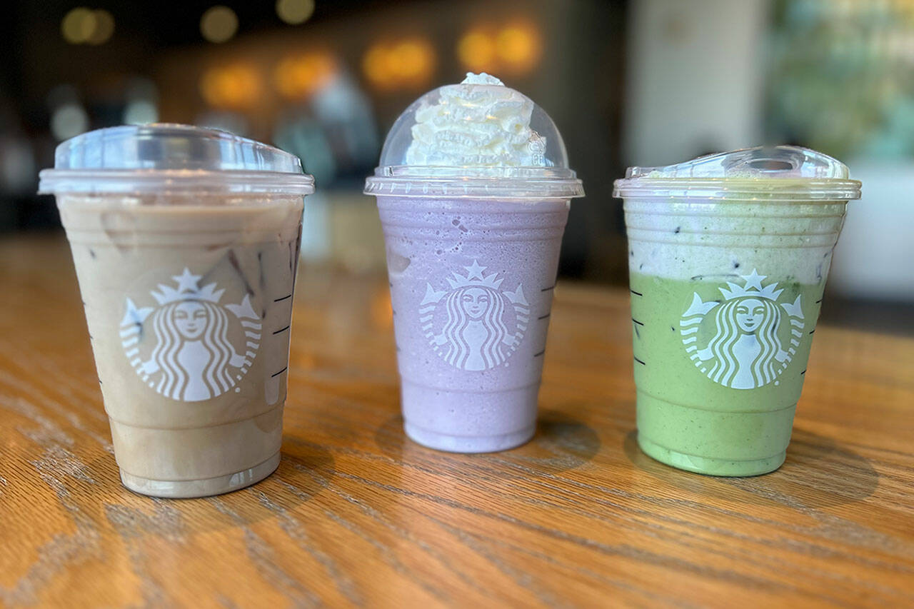 Sequim Gazette photo by Matthew Nash
This spring, Starbucks is offering lavender drinks that were partly inspired by beverage development team members’ visit to Sequim last year. The new drinks, include, from left, Iced Lavender Oatmilk Latte, Lavender Crème Frappuccino Blended Beverage, and Iced Lavender Cream Oatmilk Matcha.
