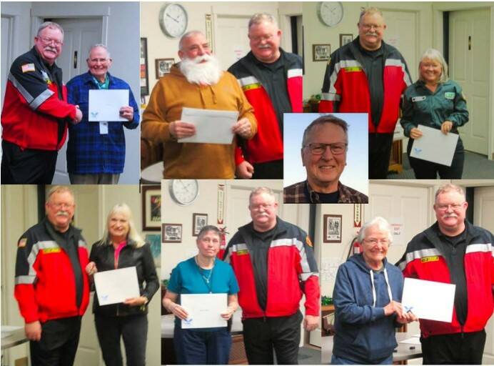Photos courtesy of Fire District 3
Seven Sequim Community Emergency Response Team (CERT) volunteers are recipients of the President’s Volunteer Service Award. Awardees accepting their honors from Fire District 3 chief Justin Grider include (top row, from left Dale Fiorillo, Butch Zaharias and Donna Stoffel, and (bottom row, from left) Ernylee Chamlee, Sherrel Miller and Linda Enger, as well as Charles Meyer (inset).
