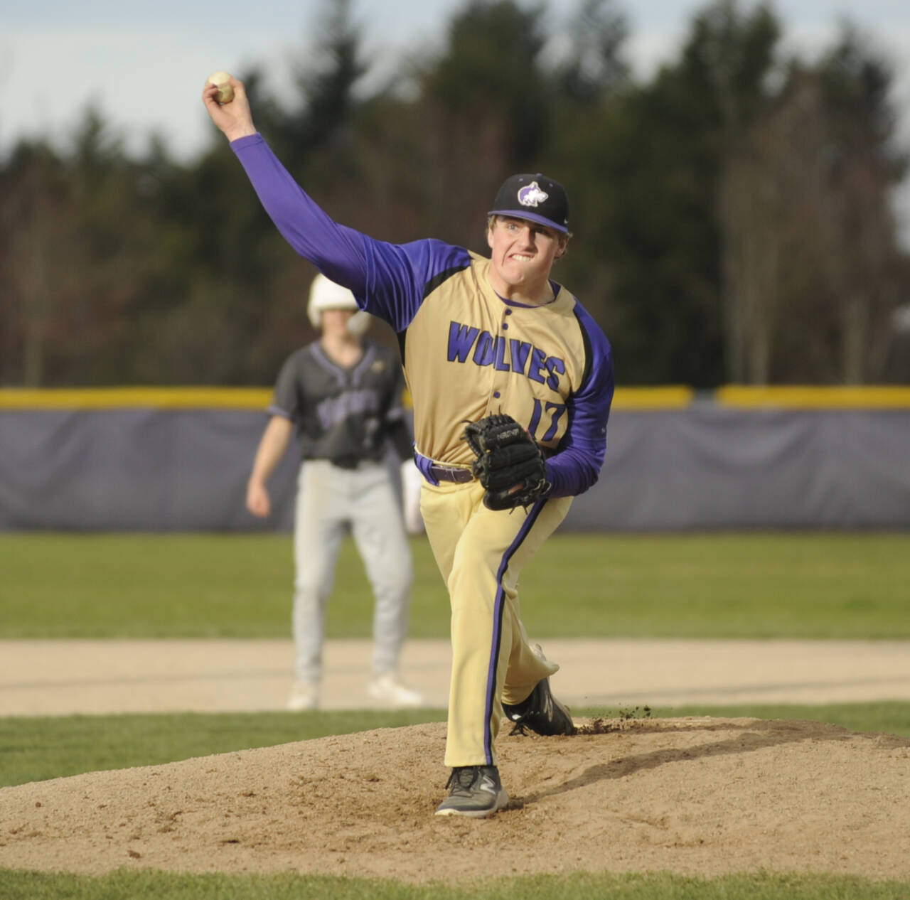 Sequim Gazette photo by Michael Dashiell 
Sequim’s Brayden White pitches in relief against North Kitsap in an Olympic League match-up on March 21.