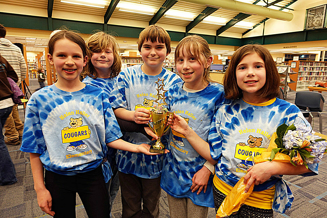 Photo courtest of NOLS
The Blue Titans, from left, Ramsey O’Mera, Miles Angelovic, Winter Radcliffe, Rain Nelson, and Mia Miano won the 2024 Battle of the Books on March 22. The fourth graders represented Sequim’s Helen Haller Elementary School,