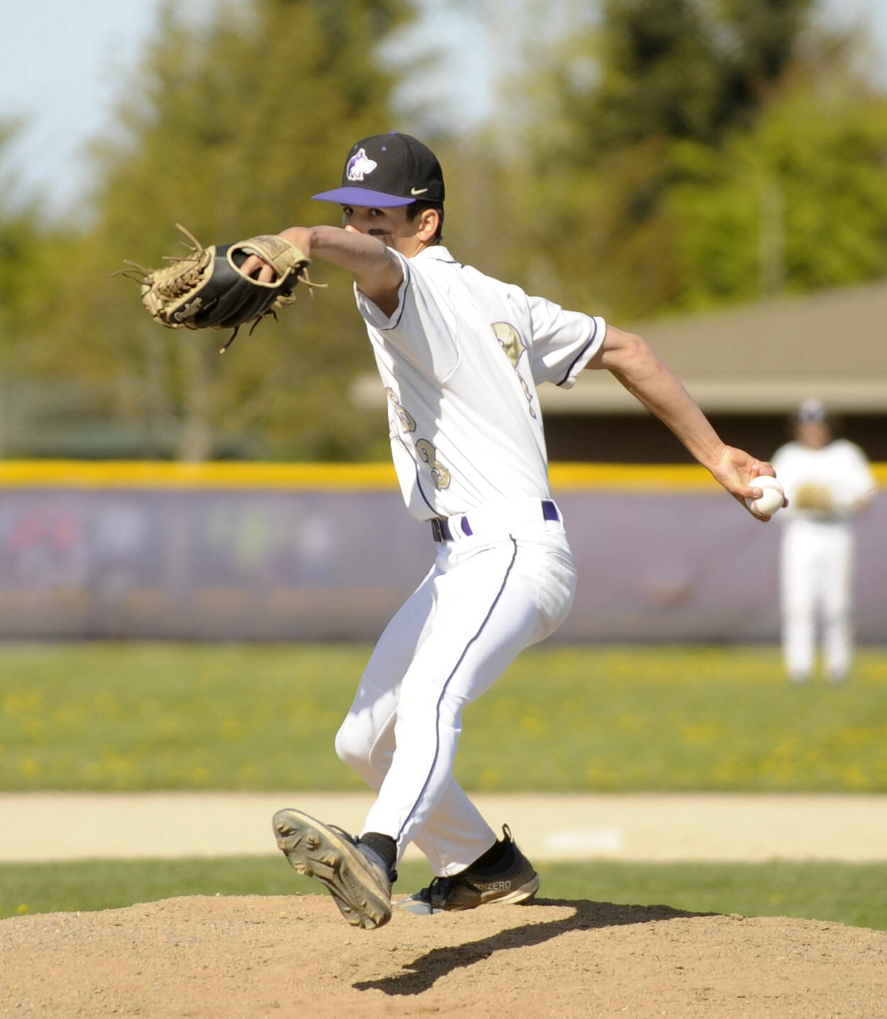 Sequim Gazette photo by Michael Dashiell
Sequim pitcher Ethan Staples pitches in the top of the fifth inning as the Wolves take on Kingston on April 19.