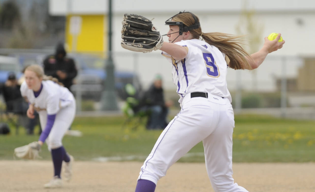 Sequim Gazette photo by Michael Dashiell / Sequim pitcher Rilynn Whitehead looks to quell a Klahowya rally in the top of the third inning in the Wolves' non-league home game on April 20.