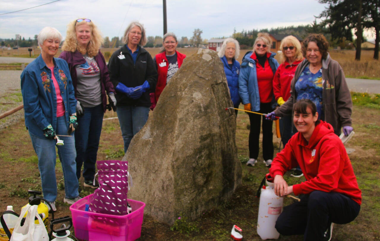 Photo courtesy of Michael Trebert Chapter/Daughters of the American Revolution
Volunteers from Michael Trebert Chapter of the Daughters of the American Revolution prepare in October 2023 to clean the stone for a World War I monument in Carlsborg. The group looks to restore the stone this year. Pictured, from left, are Wanda Bean, Judy Nordstrom, Ginny Wagner, Mona Kinder, Darlene Cook, Kristine Konopaski, Pam Grider, Sharlyn Tompkins and Amira-Lee Salavati. Participants not pictured include Judy Tordini and Lindsey Christianson.