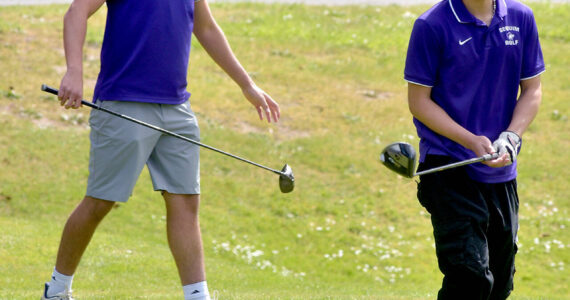 Photo by Keith Thorpe/Olympic Peninsula News Group / Sequim’s Lars Wiker, left, and Joey Kang look down the first fairway before teeing off at the Duke Streeter Invitational at Peninsula Golf Course in Port Angeles on April 23.