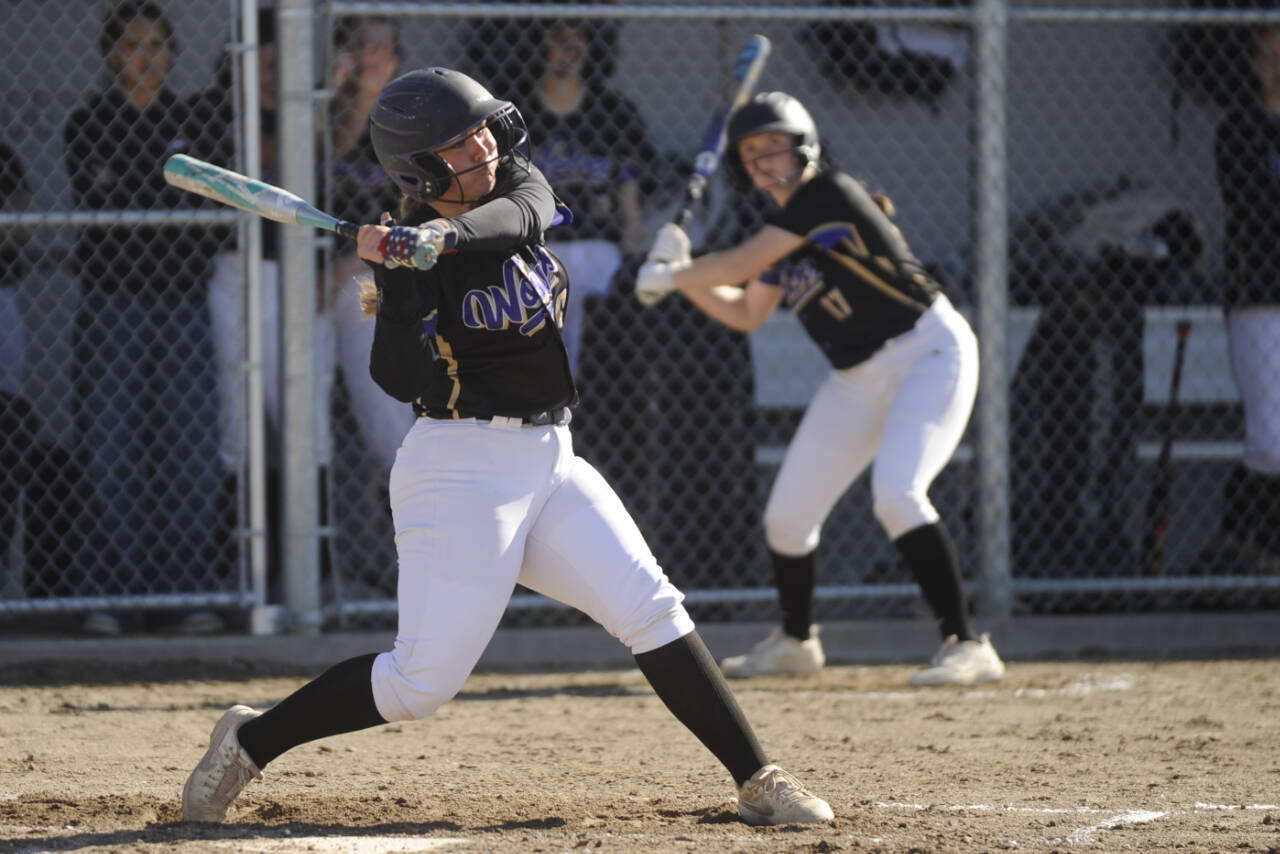 Sequim Gazette photo by Michael Dashiell
Sequim’s Mikki Green looks to rip into a pitch as the Wolves host North Mason on April 30.