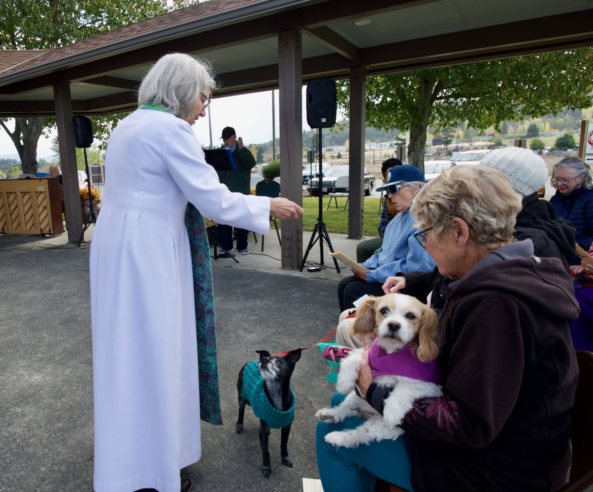 Sequim Gazette photo by Jacques Star
Pastor Desi Larson of Trinity United Methodist Church blesses Karen Kremkau’s Cavalier King Charles Spaniel Sadie-Mae during the annual Blessing of the Animals service held outside the church at 100 N. Blake Ave. on Sunday, Oct. 12. The annual ceremony is open to the public, and those who have lost a beloved pet are invited to bring the pet’s photo or speak their name aloud so that a prayer of remembrance can be said. The tradition celebrates the life of St. Francis of Assisi, who believed that all of God’s creations are interconnected and equally blessed.