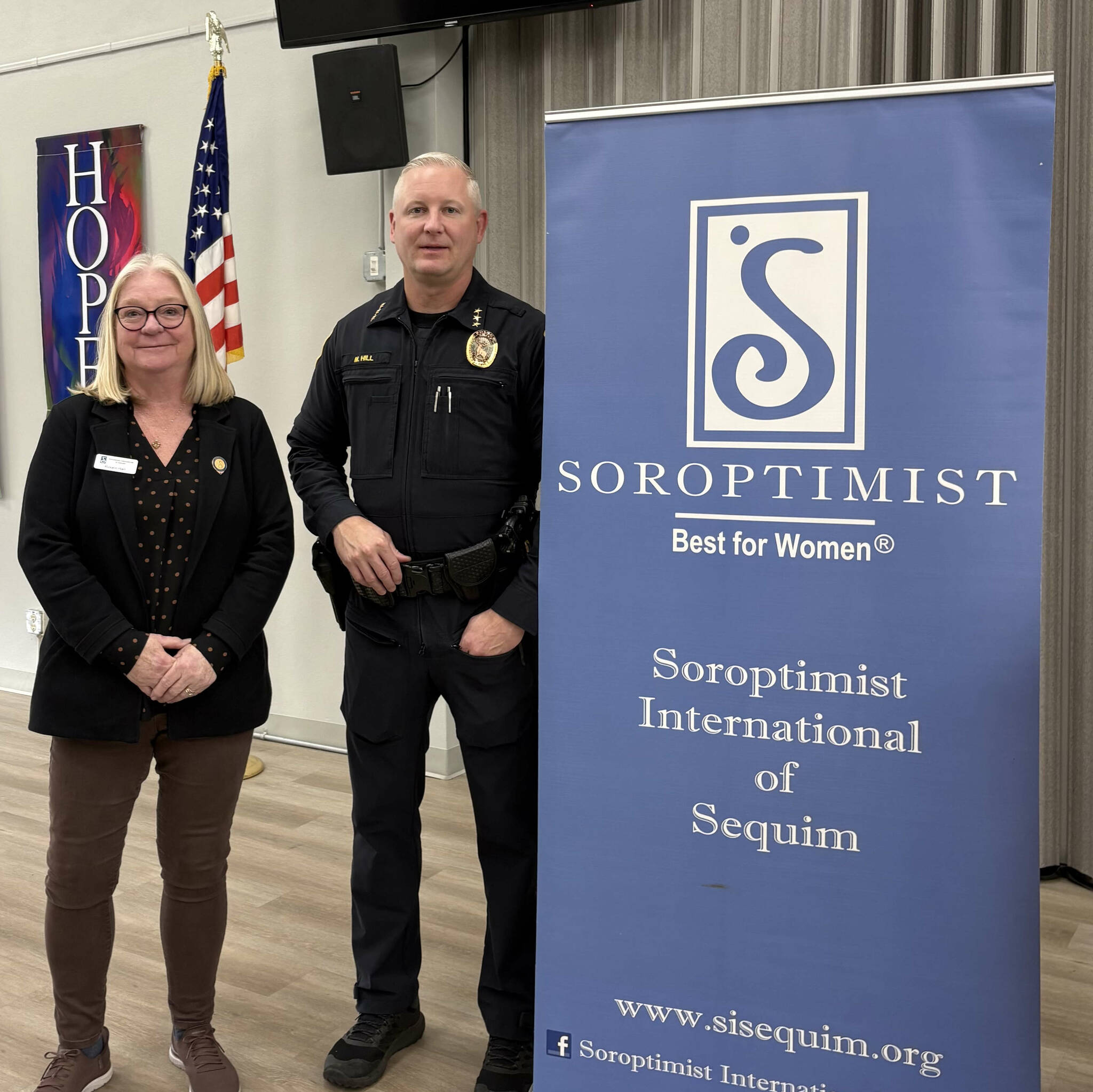 Sequim Police Chief Mike Hill recently presented a program called Defensive Driving for Seniors sponsored by Soroptimist International of Sequim. The presentation was part of the Tea with SHE (Soroptimist Helping and Empowering) program, which provides education and support to the senior populations of Sequim and Clallam County. Pictured with Hill is Roxann Harr, current president of Sequim Soroptimists.