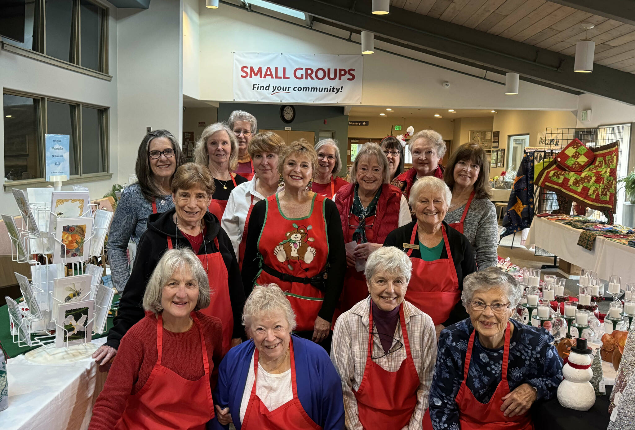 Photo courtesy of Kathy Cox 
Philanthropic Educational Organization Chapter JC members who hosted the 2024 Holiday Bazaar in Sequim are, from left to right, front to back: Mary Ann Dangman, Jane Martin, Valerie Grier, Esther Alward, Peggy Scheideler, Darlene Neeley, Dottie Smallbeck, Debby Jewell, Anne Schutz, Jane Barker, Heather Minter, Nancy Buehler, Marcia Barrett, Julianne Rossiter, Glenda Rudolph, and Anne Mauger.