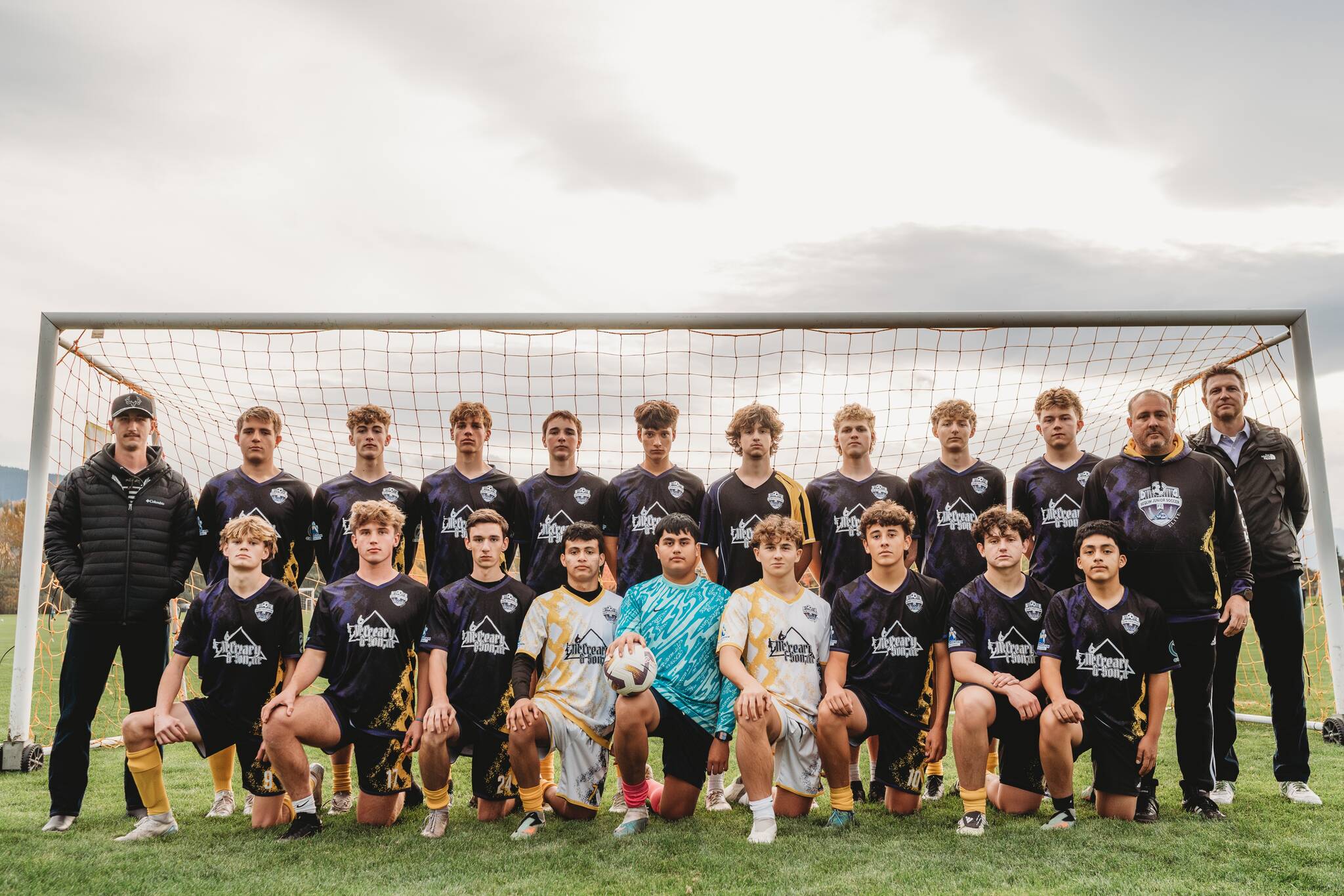 Photo courtesy Cassie Johnson Photography
Sequim Junior Soccer Club’s Boys U-19 team won the Classic 1- West division title this fall with a 7-2-1 record over Seattle area teams. On the season, they scored 40 goals including a 9-0 win and an 8-0 win.
Pictured, from back left: Head Coach Brandon Wagner, Luke Rocha, Wes Schroeder, Bjorn Henrikson, Dylan Anderson, Sebastian Brueher, Josh Alcarez, Ayden Peters, Ben Greatwood, Jayden Halladay, Assistant Coach Kris Henrikson, Assistant Coach Santi Musso; From front left: Aaiden Galvin, Rylan Kruse, Colton Wagner, Amondo Sanchez, Emilio Lopez-Sanchez, Grady White, Nicco Musso, Mattias Davinsky, Alan Morales-Vasquez. Not pictured: Finn Braaten.
