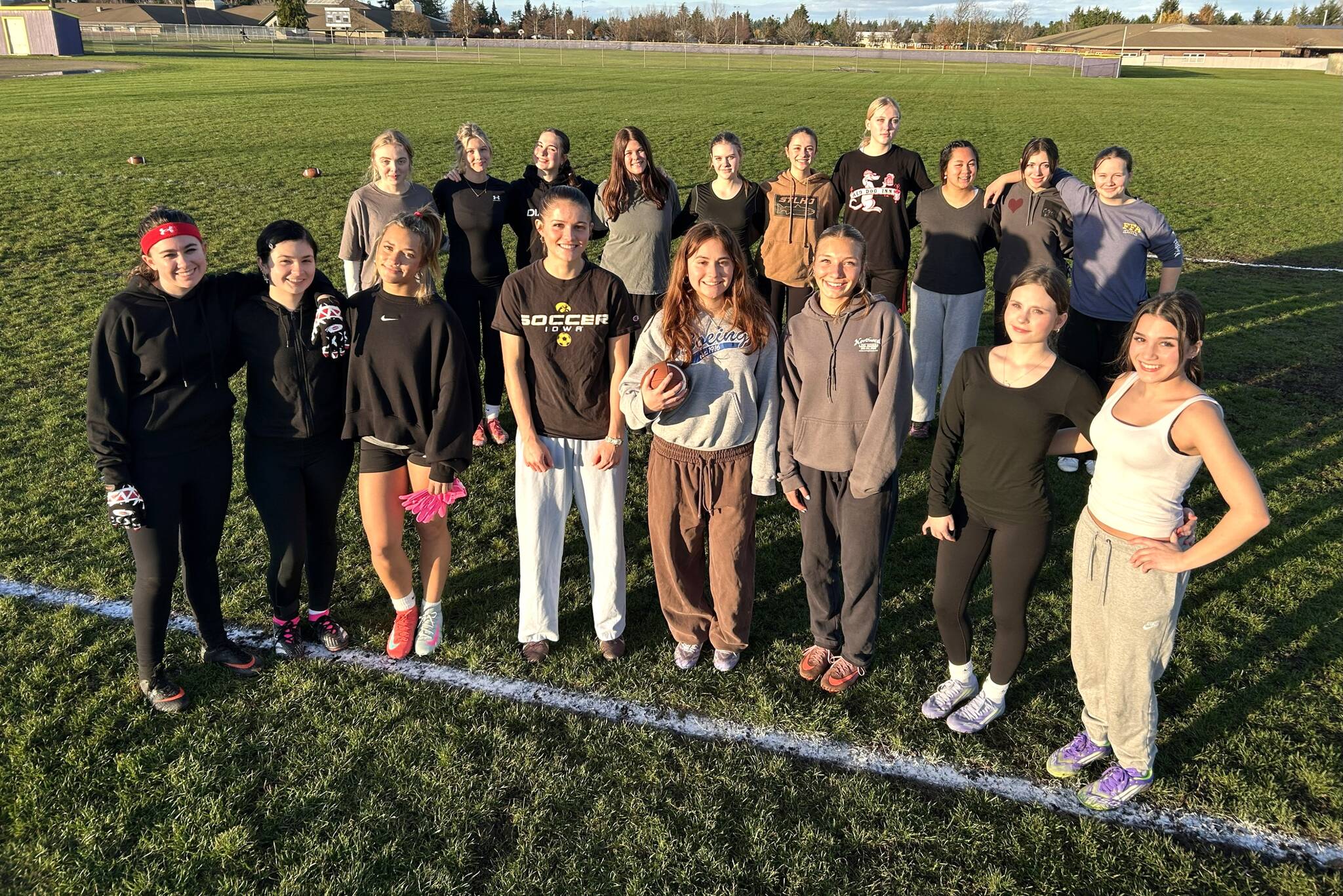 Sequim Gazette photo by Matthew Nash
Sequim High Schools inaugural team of girls flag football, include, from front left, Audrey Cabage, MC Torres, Ruby Moxley-Horgan, Raimey Brewer, Sydney Thomas-Harris, Kiley Winter, Sophie Clayton, Olivia Jameson; back left, Harlow Smith, Lily Sparks, Olive Bridge, Anella Henning, Xyla Reichner, Sophia Berglund, Kayla Countryman, Taylor Thai, Shaylee Furbee, and Mackenzye Tate. Not pictured Stella Dennis.