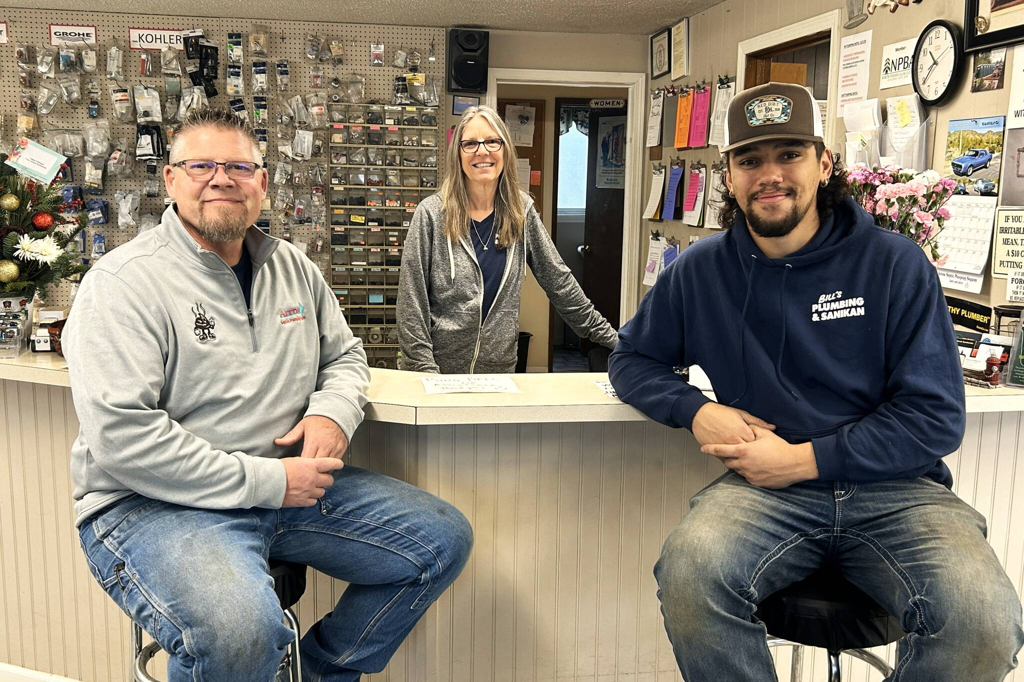 Sequim Gazette photos by Matthew Nash
After a career of helping Sequim, Judy Kimler, center, is retiring from Bills Plumbing & Sanikan with a celebration for her and new owners KC and Hayden Eaton from 11 a.m.-2 p.m. Friday, Jan. 9 at the business, 425 S. Third Ave. in Sequim.