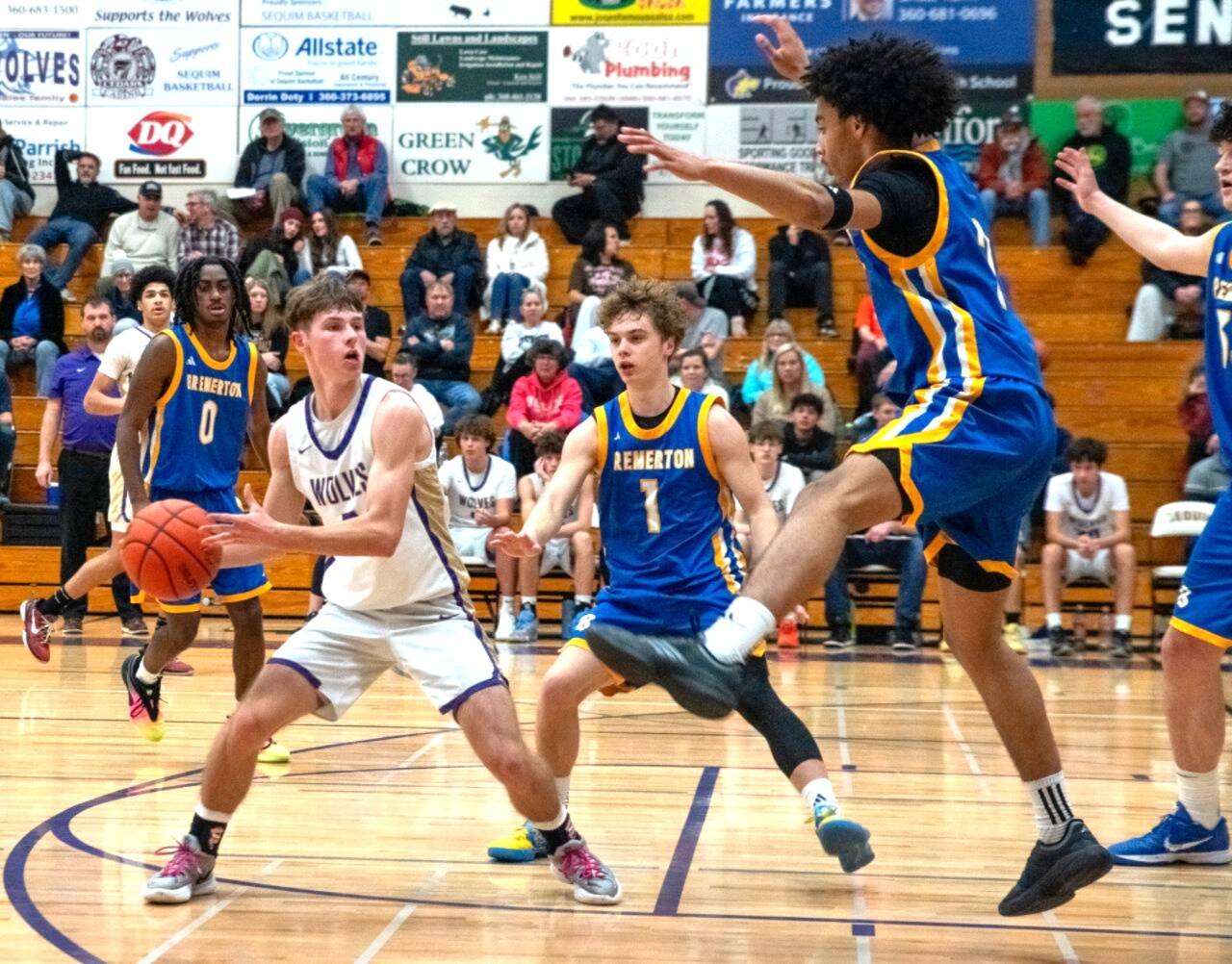 Photo by Emily Mathiessen
Sequims Mason Rapelje looks for a teammate as Bremerton players begin to swarm him on Jan. 14. The Wolves lost to the defending state champions 79-56 but rebounded with two more wins last week.