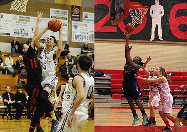 Sequim's Alex Barry (left) and Adrienne Haggerty led the Wolves to wins against port Townsend Monday night.