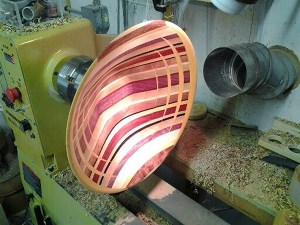 Rocky Fankhouser finds he’s most recently interested in creating round wood objects such as this 15-inch diameter bowl on his lathe.