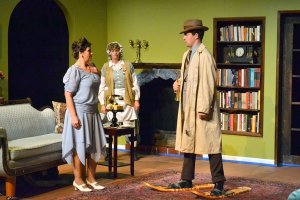 The Inspector Hound (Colby Thomas) makes his entrance to the surprise of Cynthia Muldoon (Dynara Rystrom) and Mrs. Drudge (Ingrid  Voorheis) in OTA’s “The Real Inspector Hound.”