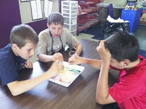 Morning Campers participate in a science experiment that demonstrates effects of contaminants and surface tension.
