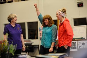Finally graduated! Terliee Allsop-Howat celebrates her retirement at the Sequim School District’s reception for retiring staffers in mid-June. Joining her is school board president Bev Horan