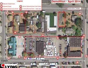 The initial construction schedule for the City of Sequim Civic Center and Police Station closes sidewalks in April around the project and in front of a soon-to-be demolished lot northwest of the site.