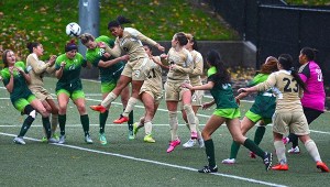Peninsula’s Tasha Inong rises up for a header as the Pirates take on Highline on Nov. 3. Highline edged the Pirates 2-1 in the NWAC quarterfinals.