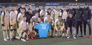 Peninsula College's men's soccer team celebrates an NWAC semifinal win on Nov. 13 against Chemeketa. A day later the Pirates topped Spokane 4-3 for the conference title.