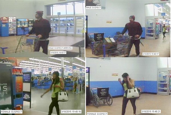 Photos of a man and woman suspected of using counterfeit $20 and $50 bills.