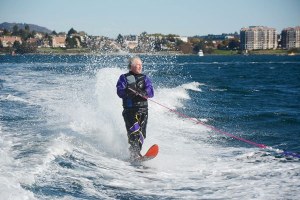 Ron Rogers of Port Angeles successfully completes his water ski trip from Port Angeles to just outside Victoria Harbour on Sunday morning