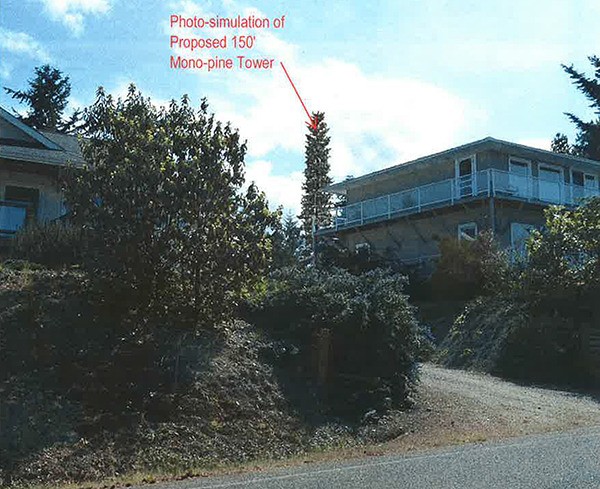 An artist’s rendering shows what a proposed 150-foot radio/cell tower would look like from the neighborhood off of Brigadoon Boulevard.