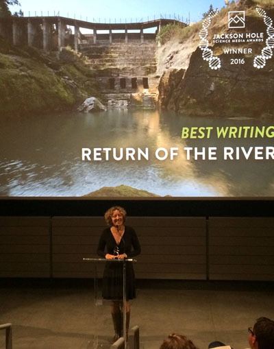 Jessica Plumb accepts the Best Writing award at the Science Media Awards & Summit in Boston. Submitted photo