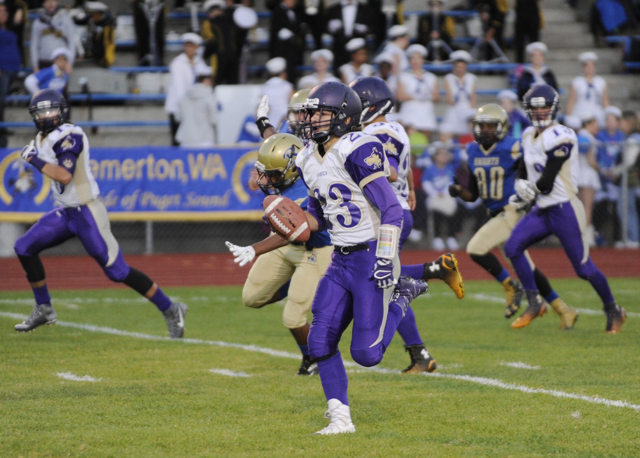 Sequim's Gavin Velarde returns the opening kickoff 95 yards for a touchdown