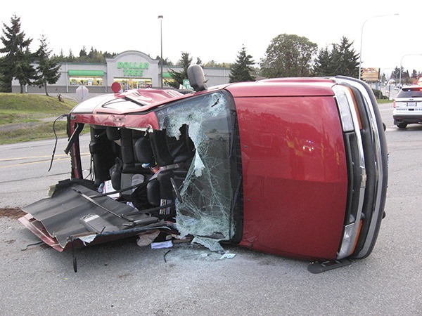 An SUV driven by Lila M. Betts of Port Angeles comes to rest just east of Port Angeles.