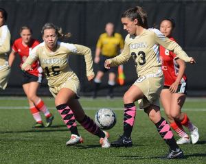 Peninsula's Tatiana Hagan (23) and Marriah Perez (15) look for a scoring opportunity in the Pirates' 14-0 win against Skagit Valley on Oct. 5. Photo by Jay Cline