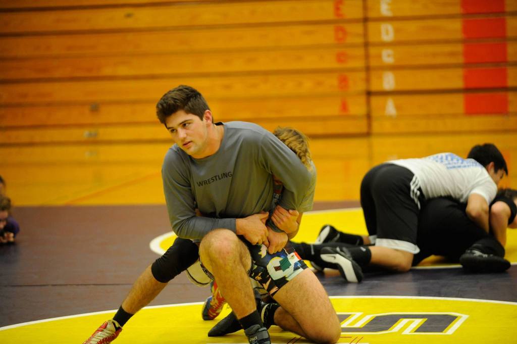 Adrian Klarich tries to escape a hold by Craig Baker at a recent practice. Both boys made state last year and trained hard in the offseason hoping for better results in their senior seasons. Sequim Gazette photo by Matthew Nash