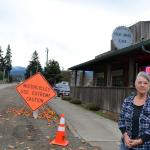 Val Culp stands outside her Old Mill Cafe on Carlsborg Road where she says construction for the Carlsborg Sewer Project is deterring customers and leading her to lose thousands of dollars a week in sales. Sequim Gazette photo by Matthew Nash