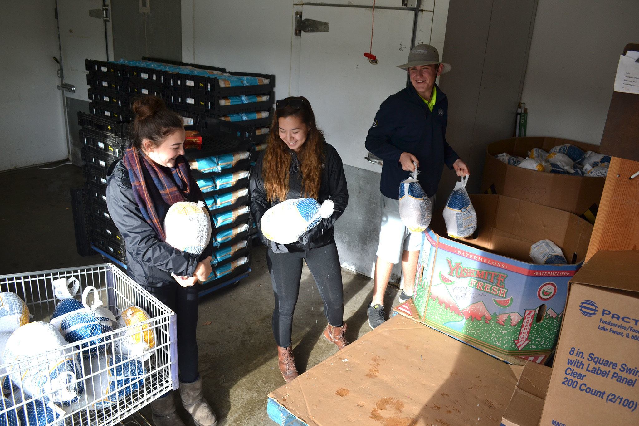 Teens, from left, Ashley Rosales, 14, Katrina Dolan, 16, and Max Koonz, 16, load turkeys for patrons of the Sequim Food Bank on Nov. 19. Sequim Gazette photo by Matthew Nash