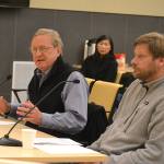 Steve Tharinger, left, and Mike Chapman, state representatives for the 24th District, speak with Sequim City Councilors on Dec. 12 about the city&rsquo;s legislative priorities, which including funding the Simdars Interchange and reforming public information requests. Sequim Gazette photo by Matthew Nash