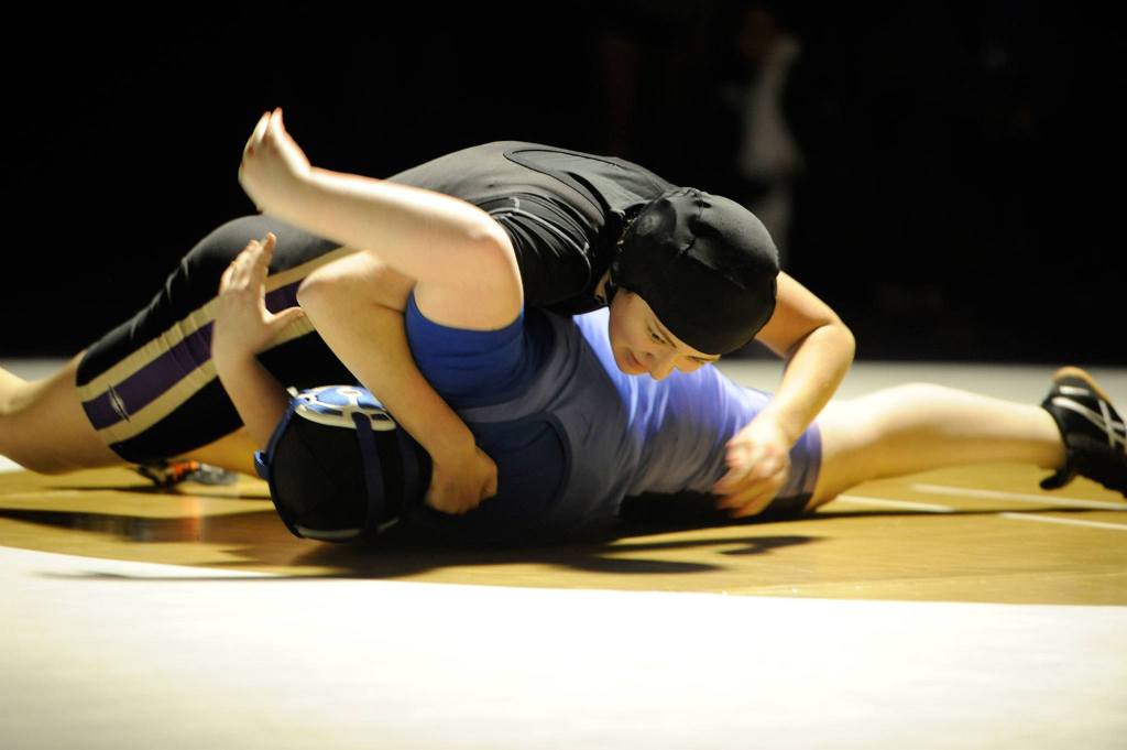 Sequim&rsquo;s Sarah Ulmer, 190, pins North Mason&rsquo;s Ashlee Johnson in 1:51 at the first Olympic League Girls Dual Meet. Sequim Gazette photo by Matthew Nash