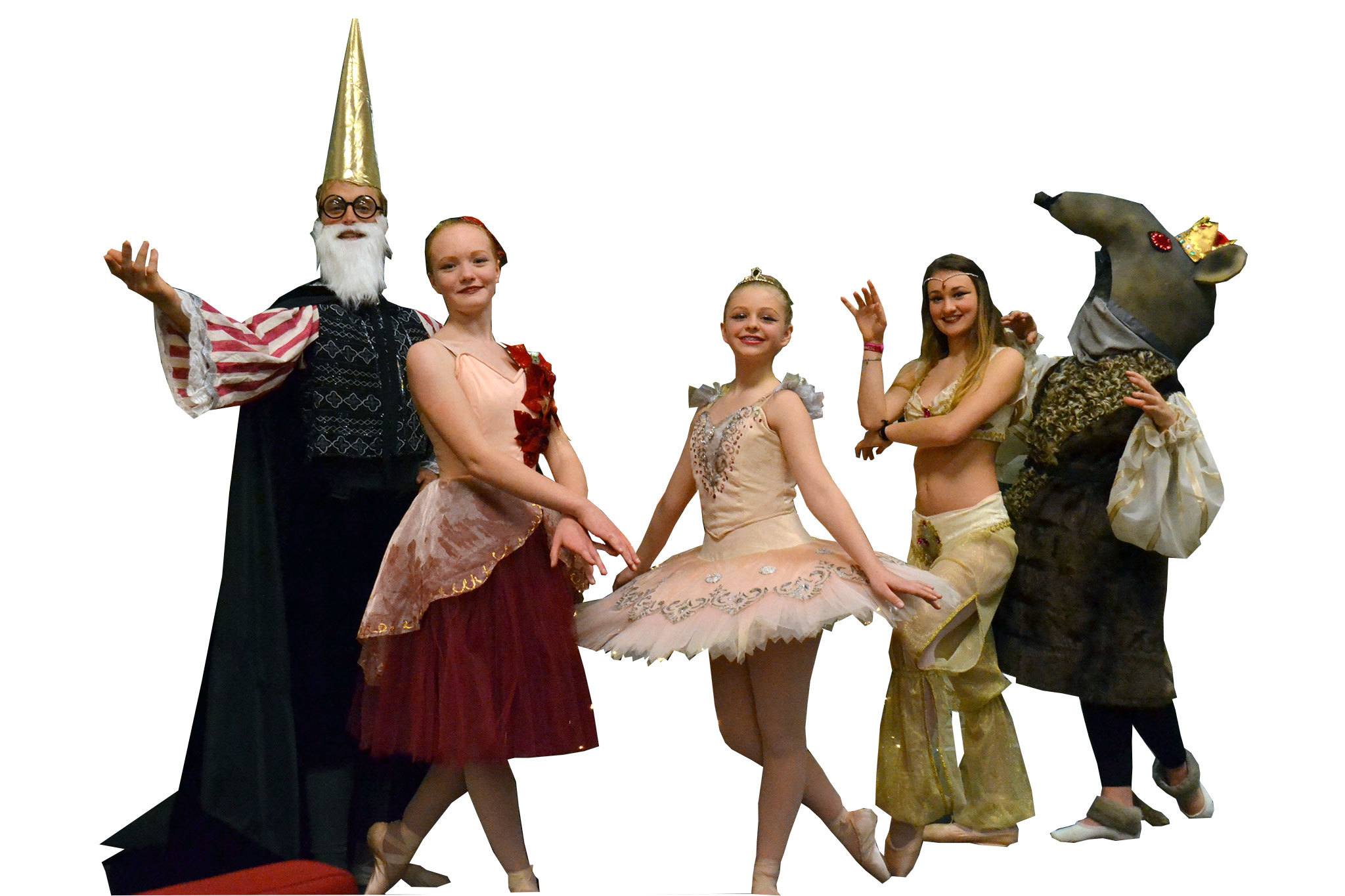 Principal actors in Sequim Ballet&rsquo;s &ldquo;The Nutcracker&rdquo; featured, from left, are Brohm Dason, Eleanor Byrne, 13, Kate D&rsquo;Amico, 13, Amara Sayer, 13, and Saige Turner, 15. The show runs Dec. 16-18 at Olympic Theatre Arts. Sequim Gazette photos by Matthew Nash