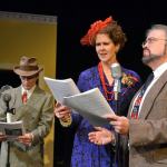 Dan DePrez, Ingrid Nixon and Keith Curtis open the beginning of Olympic Theatre Arts&rsquo; performance of &ldquo;It&rsquo;s a Wonderful Life&rdquo; during a recent rehearsal. The trio, and several others, appear in the live radio play that features an organist, sound effects and more in a New York radio studio. It runs Dec. 8-11. Sequim Gazette photos by Matthew Nash