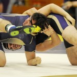 Sequim&rsquo;s Dylan Perreira and North Kitsap&rsquo;s Josh Snider wrestle in the 195-pound weight class of a double-dual meet in Sequim on Dec. 14. Perreira won by pin. Sequim Gazette photos by Michael Dashiell