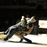 In a dual meet with Bremerton, Sequim&rsquo;s Adrian Klarich, 182, fights his way towards a pin against the Knights&rsquo; Chris Figurus in 3:43 on Jan. 5. Sequim Gazette photo by Matthew Nash