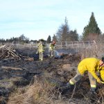 Clallam County Fire District 3 responded to a brush fire on Thursday, Feb. 2, in Carlsborg. Fire officials report the call came in at 3:13 p.m. for the fire at 201 Childers Lane, west of Sequim. Fire Chief Ben Andrews said the resident was burning outside and the wind picked up and spread the fire about 200 yards from the home&rsquo;s backyard into a nearby field but avoiding a large brush pile. No animals or residents were harmed. Sequim Gazette photo by Matthew Nash
