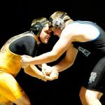 Sequim&rsquo;s McKenzie Stockdale takes on North Mason&rsquo;s Gavin Coffelt at 285 pounds on Jan. 25 in Sequim. Coffelt won the match by pin late in the second round. 
Sequim Gazette photo by Matthew Nash