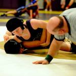 Sequim&rsquo;s Kiara Pierson, 120 pounds, pins Anna Schlueb of Spanaway Lake in 1:02 on Feb. 4, in Sequim High School for the sub-regional girls wrestling tournament for District C of West Central District III. Pierson took second in the tournament and competes in regionals on Feb. 10-11 at Decatur High School in Federal Way.
